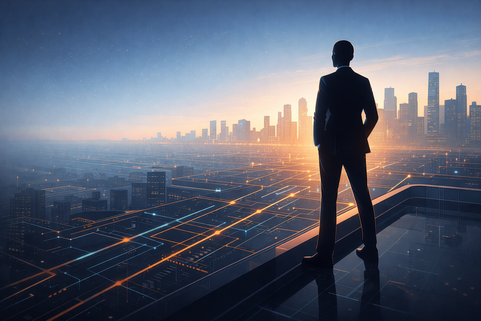 Fintech executive overlooking a connected digital cityscape representing AI-driven outbound infrastructure