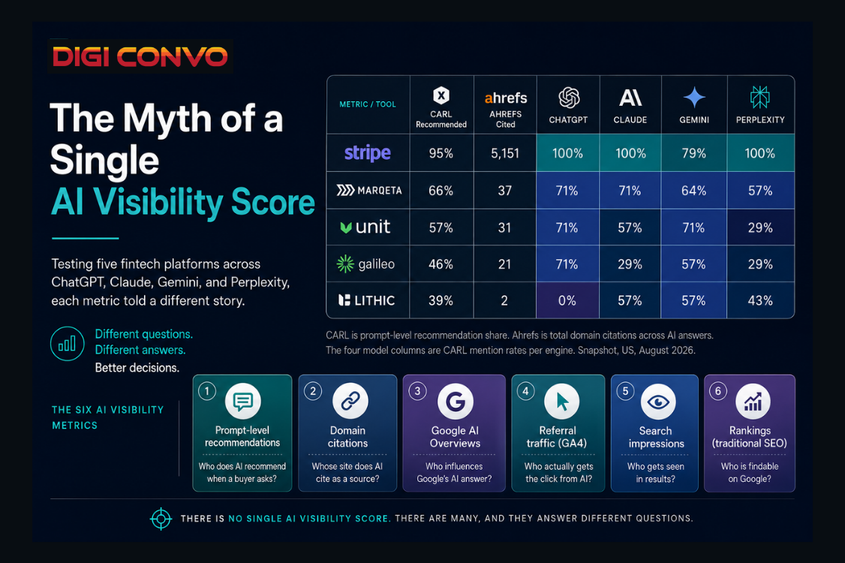 Comparison matrix of five fintech platforms (Stripe, Marqeta, Unit, Lithic, Galileo) across CARL, Ahrefs, ChatGPT, Claude, Gemini, and Perplexity showing that AI visibility scores disagree.