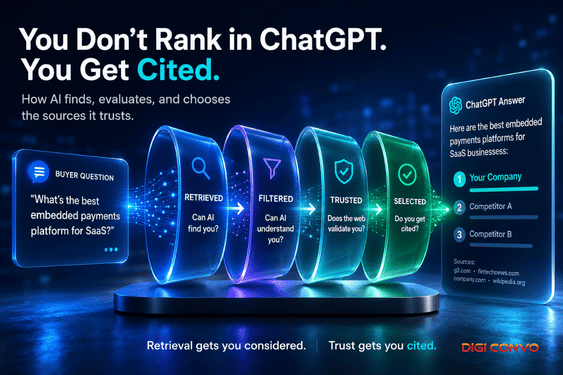 DIGI CONVO Visibility Funnel hero. The claim 'You don't rank in ChatGPT, you get cited.' A buyer question passes through Retrieved, Filtered, Trusted, and Selected to a ChatGPT answer that cites Your Company above competitors, with sources from G2, fintech news, a company site, and Wikipedia.