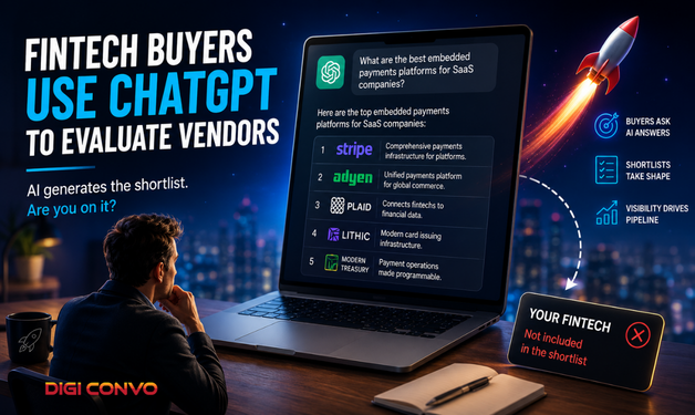 A fintech marketing leader watching ChatGPT generate a vendor shortlist of Stripe, Adyen, Plaid, Lithic, and Modern Treasury, with a card showing 'your fintech, not included in the shortlist.'